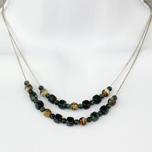Monet Vintage Green Beaded Double Strand Necklace – 18" Signed Silver-Tone